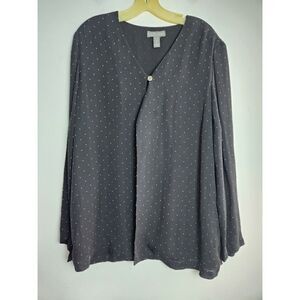 Kate Hill Lord & Taylor Black w/White Swiss Dot 100% Silk Open Blouse size Large